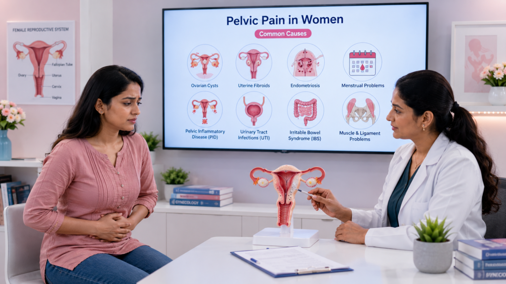 Doctor explains pelvic pain to a patient with a uterus model on the desk; a large screen shows a 'Pelvic Pain in Women' infographic with common causes such as ovarian cysts, uterine fibroids, endometriosis, and menstrual problems.