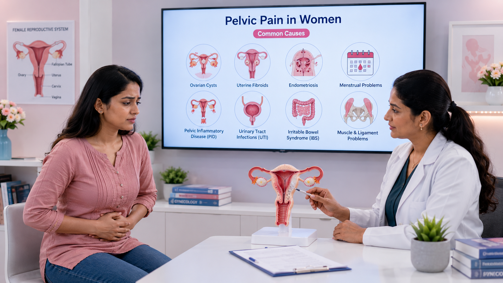 Doctor explains pelvic pain to a patient with a uterus model on the desk; a large screen shows a 'Pelvic Pain in Women' infographic with common causes such as ovarian cysts, uterine fibroids, endometriosis, and menstrual problems.